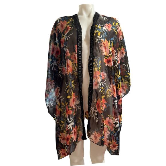 Black Floral Lane Bryant Open Front Semi Sheer Kimono OSFA Flawed - Picture 1 of 7